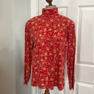 Turtleneck top Christmas holiday stars red gold Womens size M medium Cabin creek
